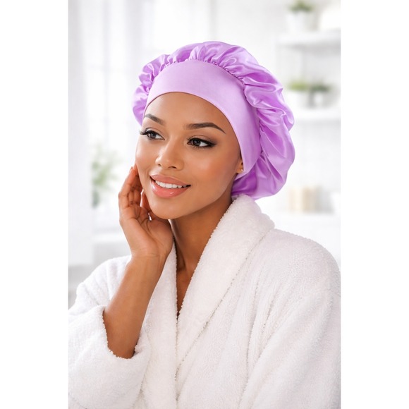 Accessories - Lavender Satin Hair Bonnet Wide Elastic Band Sleep Cap Purple Polyester Nightcap